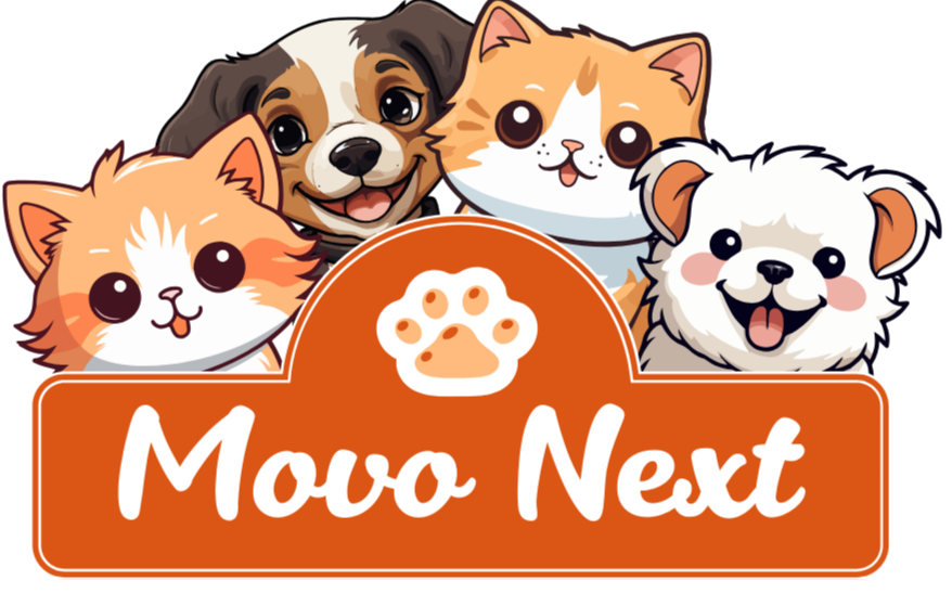 Cartoon animals with a 'Movo Next' logo on a white background